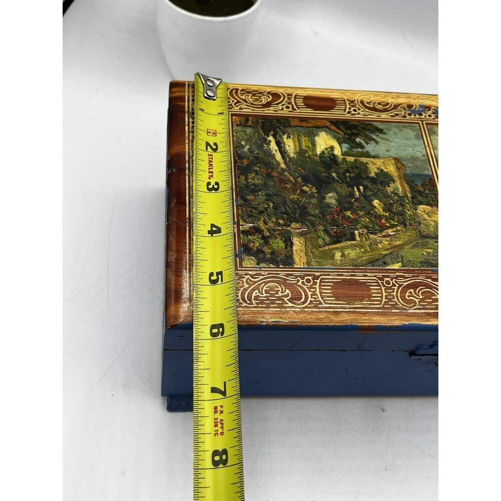 Vintage Cedar Wood Box Hinged Lid Decoupage Mediterranean Scene Blue Paint AS IS - Picture 7 of 14